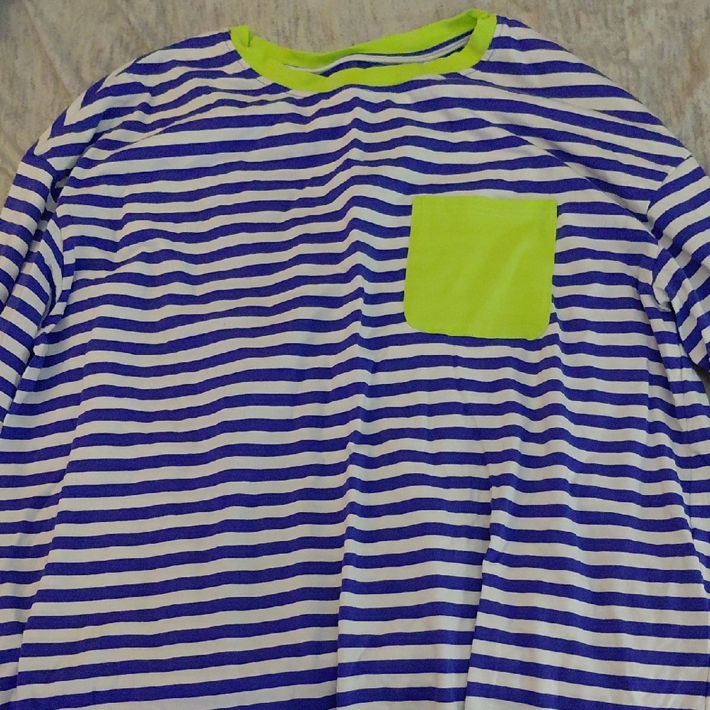 Source Unknown Blue and Neon Green Striped Top